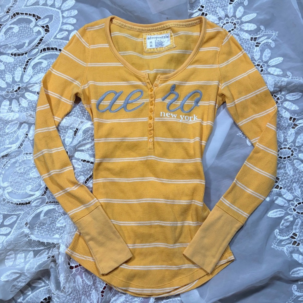 Y2K Rare Aeropostale Striped Waffle Knit Henley Long Sleeve Thermal Top Medium